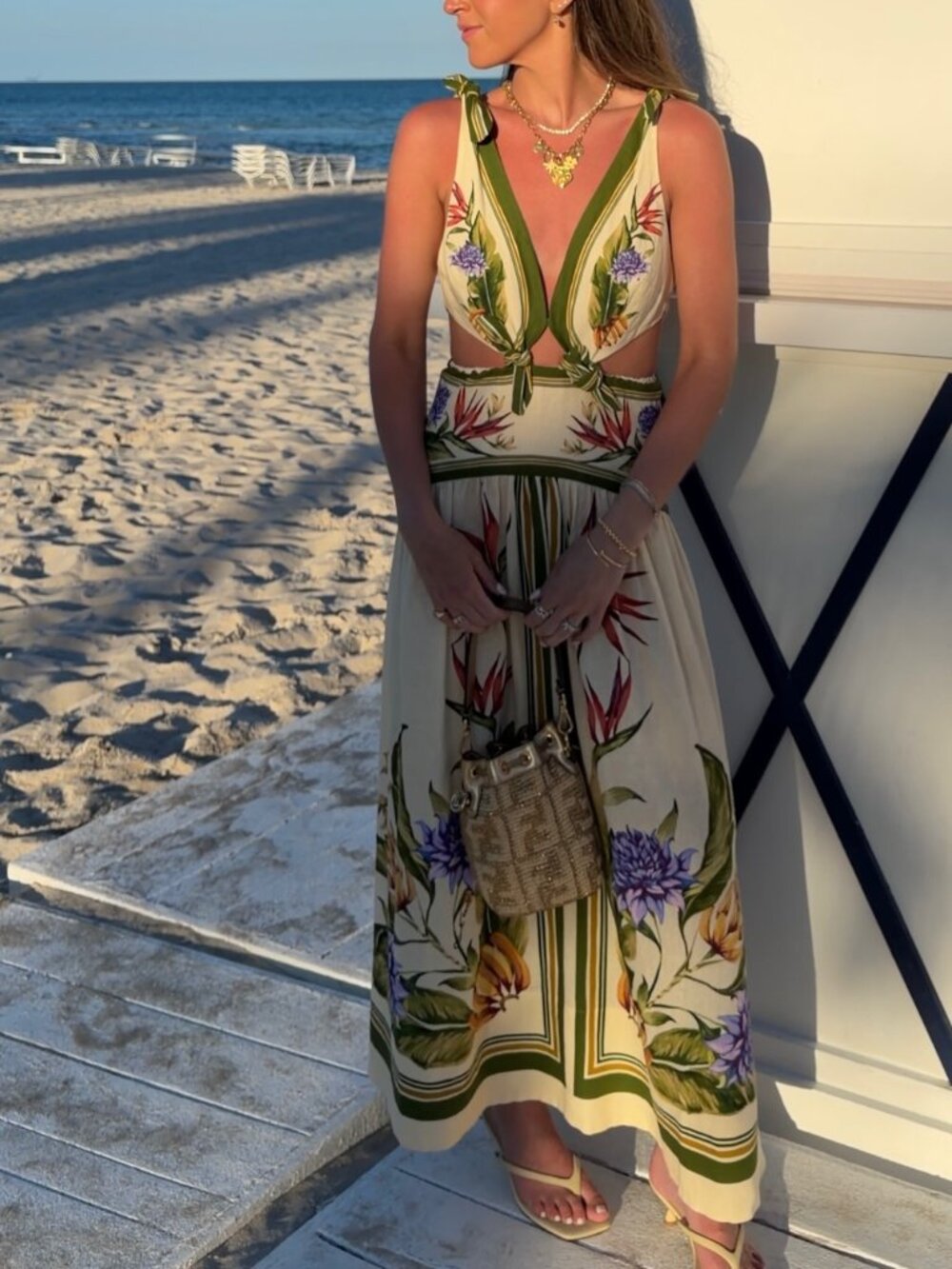 Farm Rio Sand Tropical Scarf Maxi Dress size M vibrant floral linen blend boho